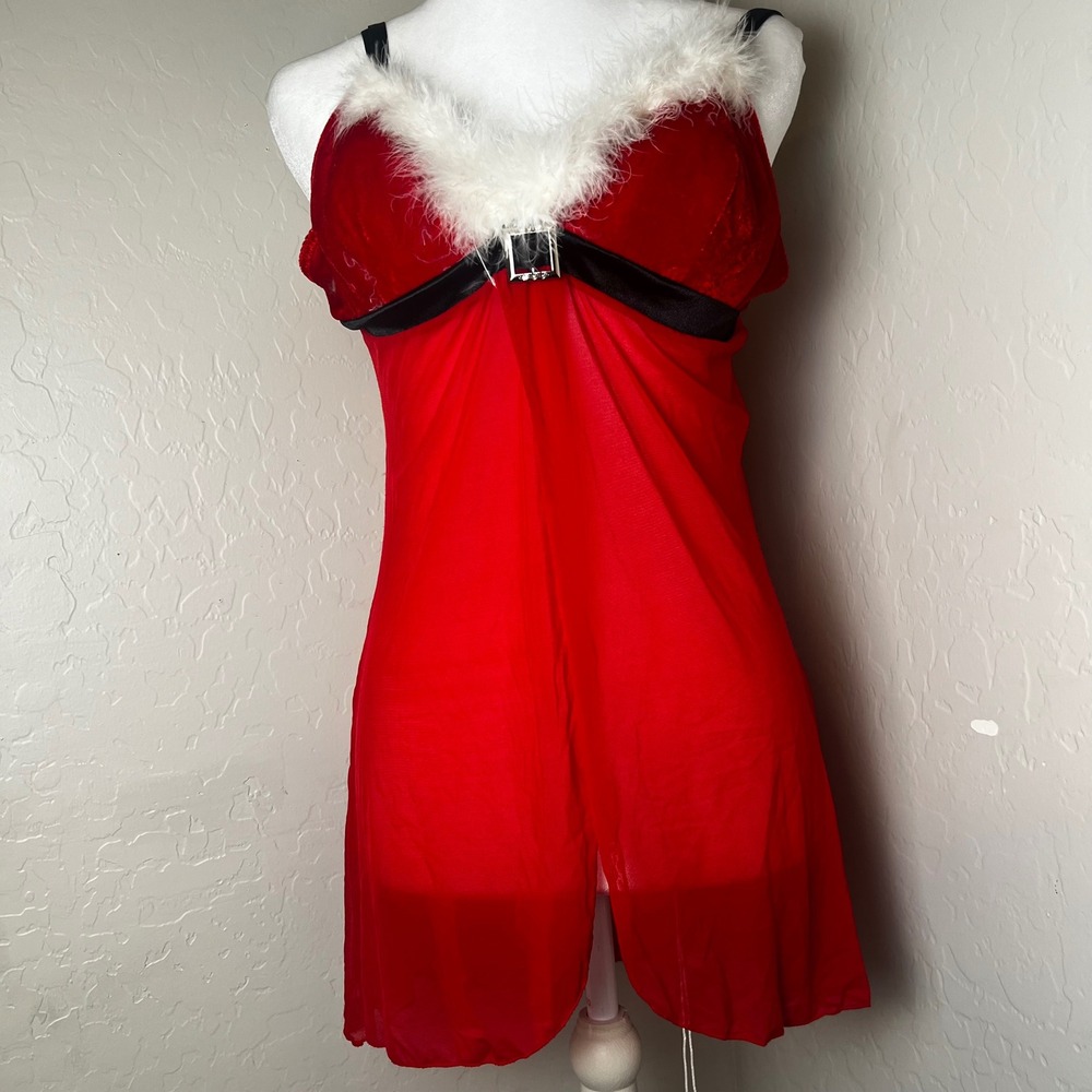 Holiday Red Mesh Babydoll Lingerie Faux Fur Trim Santa Style 36C CM 091